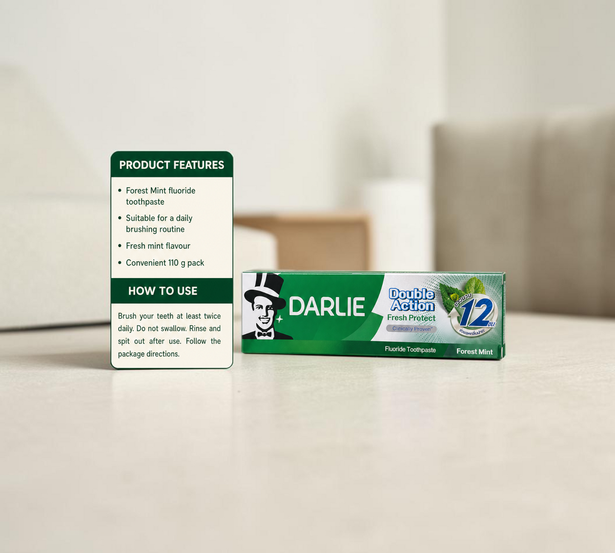 Thai Ranee Darlie Double Action Fresh Protect Forest Mint toothpaste box with green packaging and mint leaf graphic