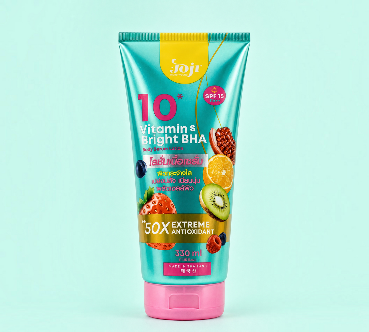 Thai Ranee JOJI Secret Young 10 Vitamins Bright BHA body serum lotion in a teal tube with fruit illustrations