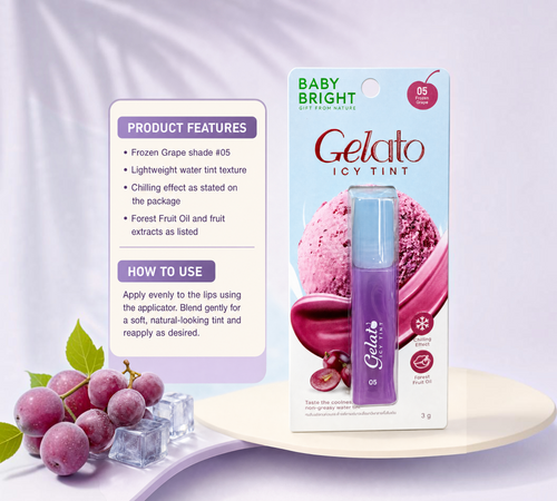 Thai Ranee Baby Bright Gelato Icy Tint in #05 Frozen Grape, a lightweight water-based lip tint with fruit extracts.
