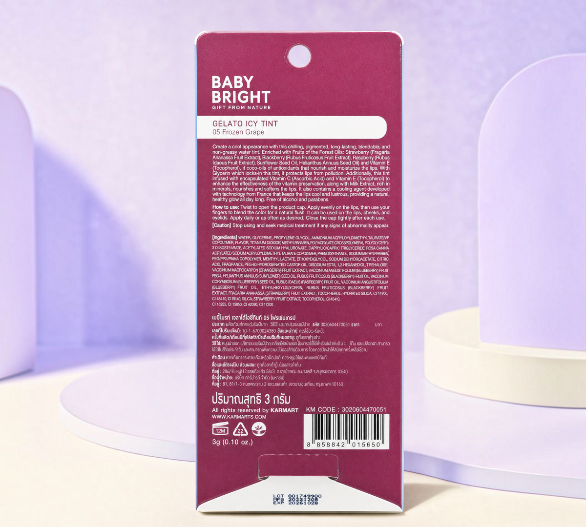 Thai Ranee Baby Bright Gelato Icy Tint 05 Frozen Grape packaging back view with product details and ingredients