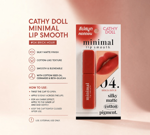 Thai Ranee Cathy Doll Minimal Lip Smooth matte lipstick in 04 Brick Hour with a smooth cotton-like texture