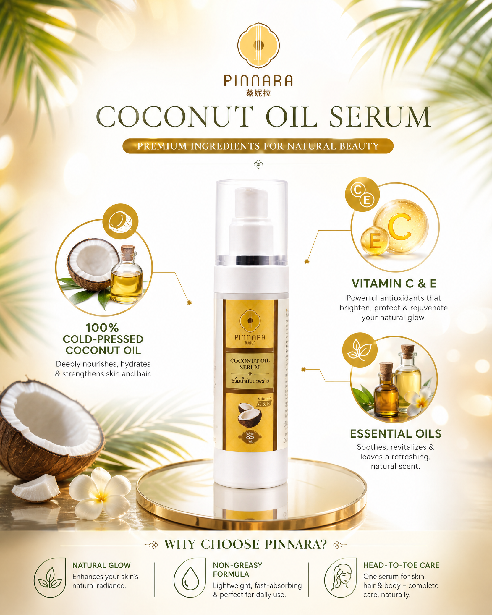 Pinnara Coconut Oil Serum – Hair & Body Nourishing Oil 85ml
