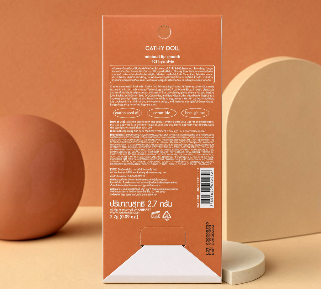 Thai Ranee Cathy Doll Minimal Lip Smooth 02 Tiger Style packaging back view with ingredient and usage details