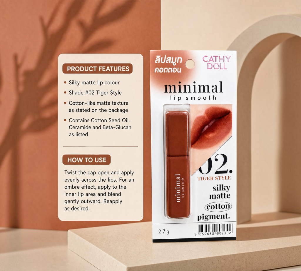 Thai Ranee Cathy Doll Minimal Lip Smooth in 02 Tiger Style, a silky matte lipstick with a warm brown pigment.