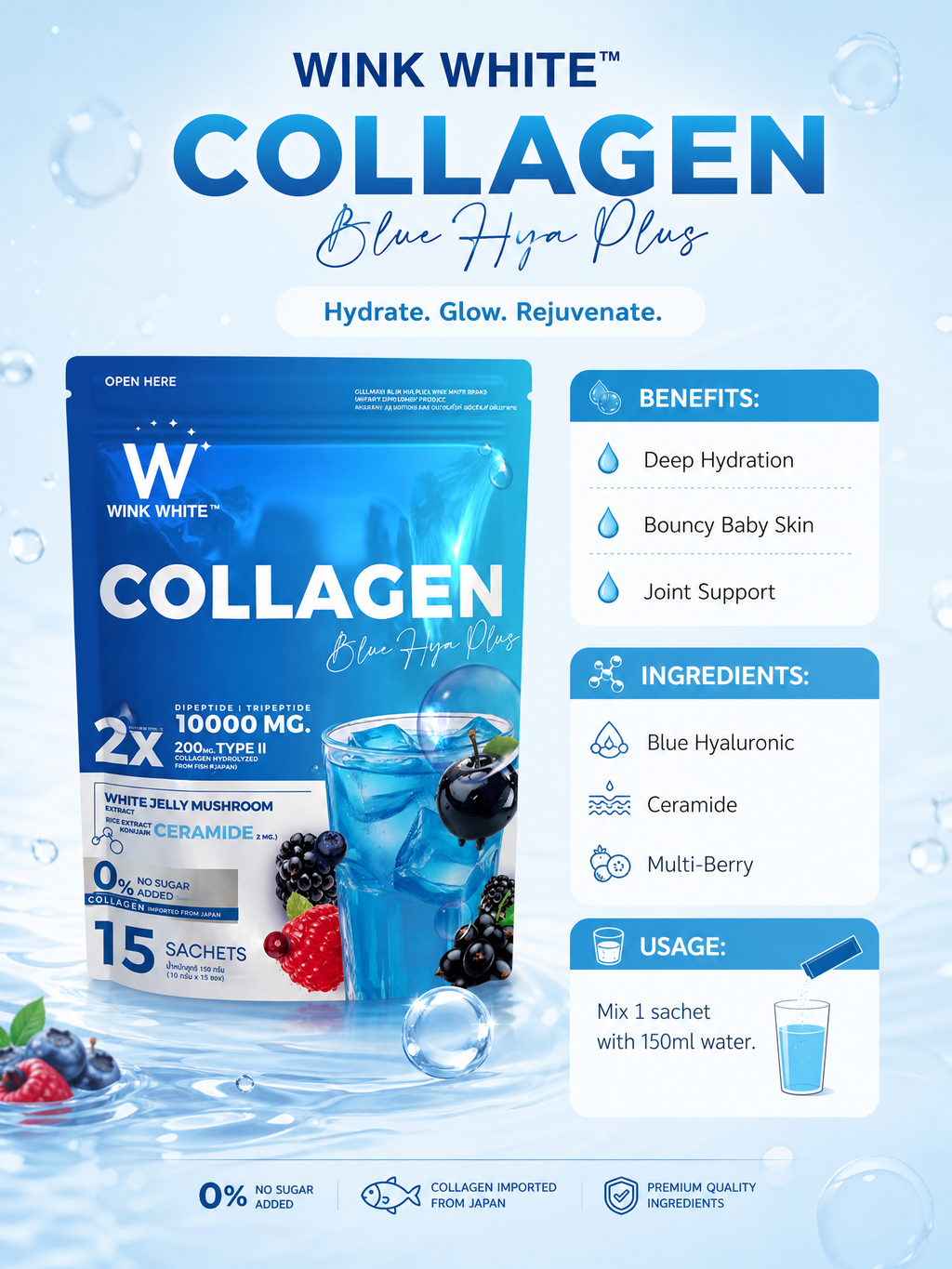 Wink White Collagen Blue HYA Plus Dietary Supplement 180g (12g x 15 Sachets)