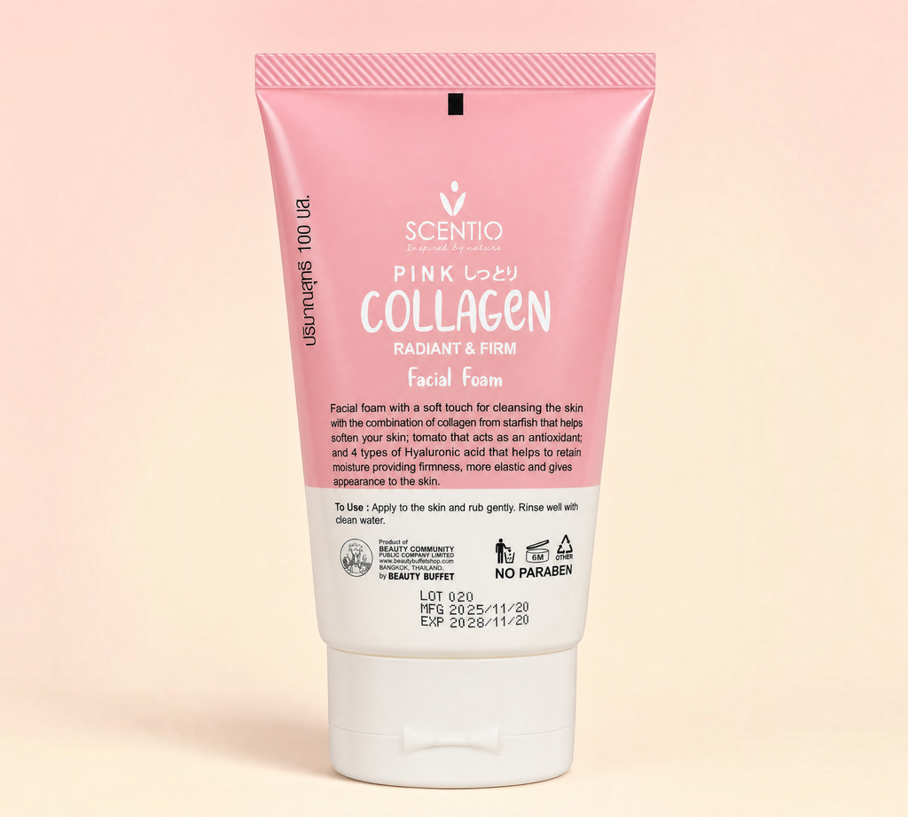 Thai Ranee Scentio Pink Collagen Radiant and Firm facial foam tube for skin cleansing and hydration