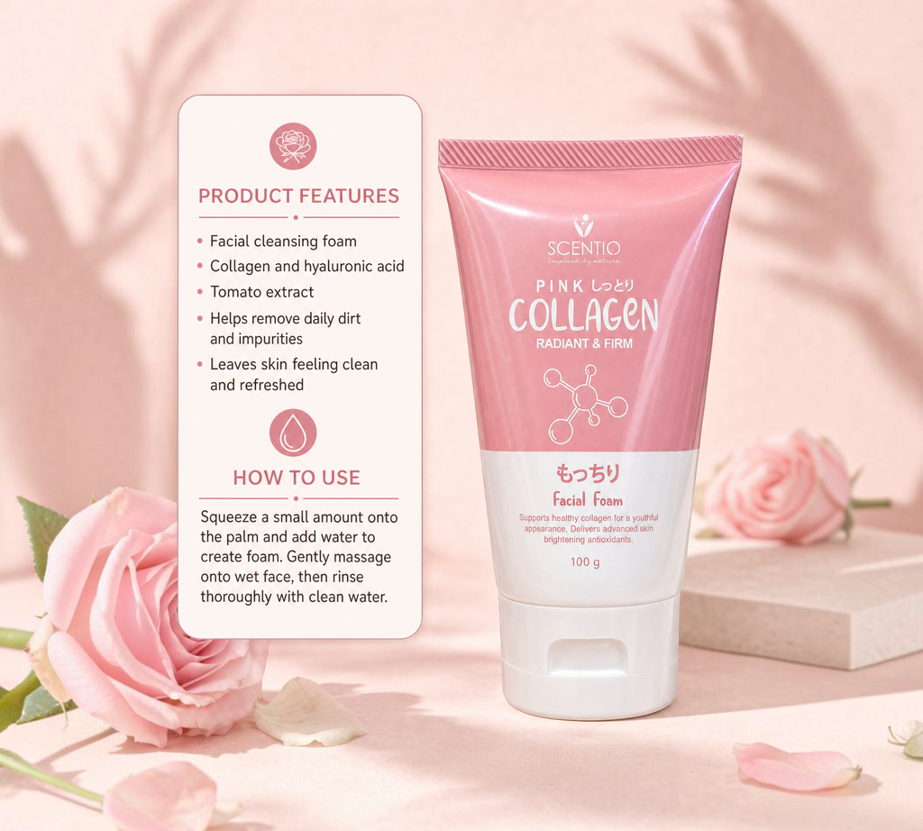 Thai Ranee Scentio Pink Collagen Radiant & Firm facial foam tube with tomato extract for clean and refreshed skin.