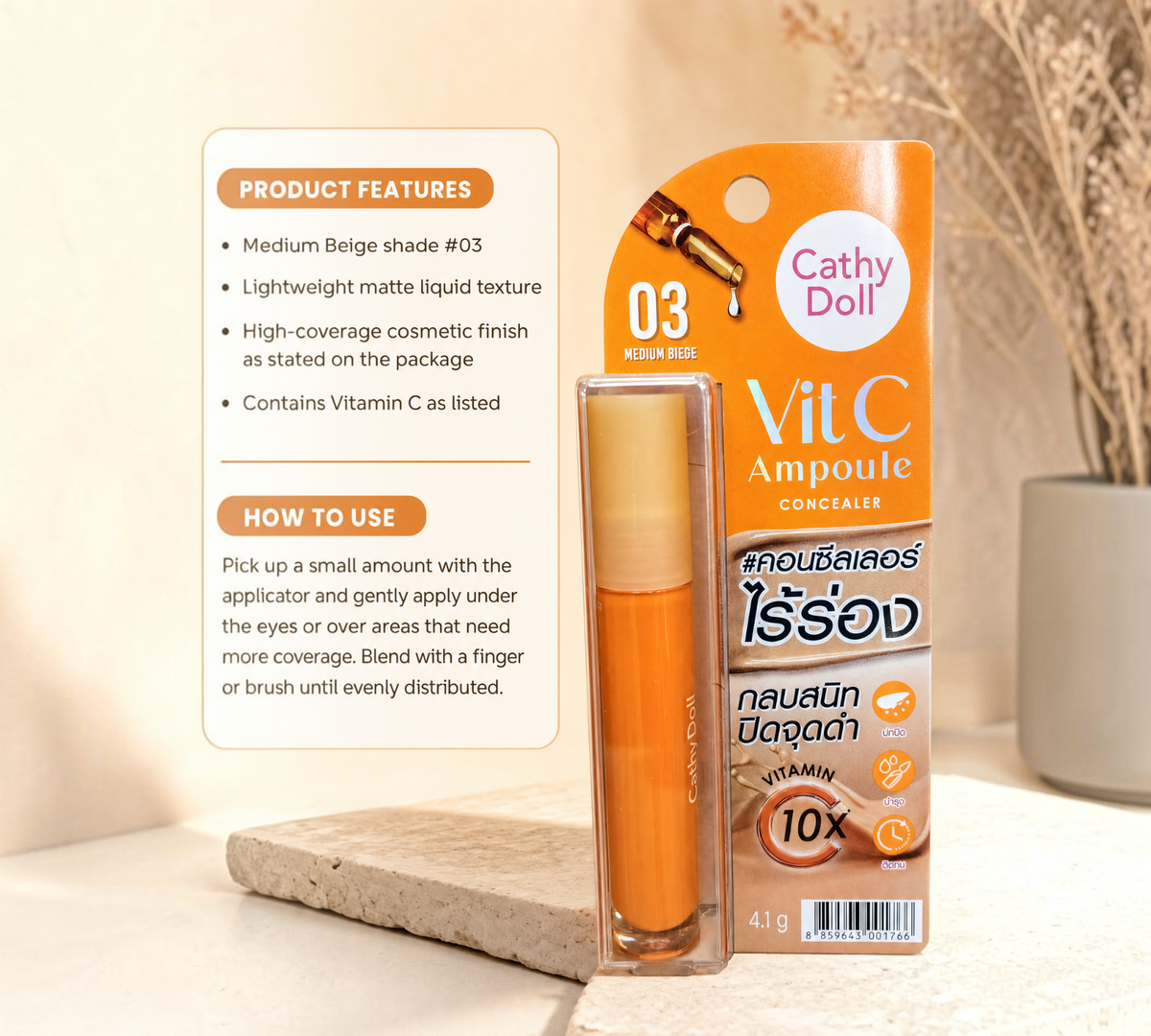Thai Ranee Cathy Doll Vit C Ampoule Concealer in shade 03 Medium Beige with applicator and orange packaging