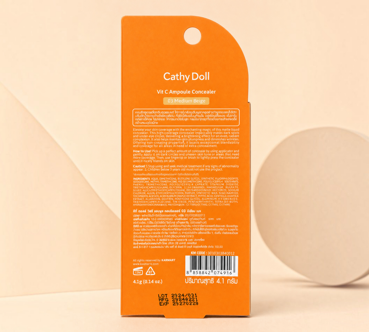 Thai Ranee Cathy Doll Vit C Ampoule Concealer in 03 Medium Beige packaging back view with product details and barcode
