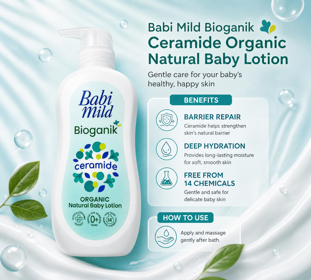 Thai Ranee Babi Mild Bioganik organic baby lotion bottle with ceramide and argan oil for sensitive newborn skin