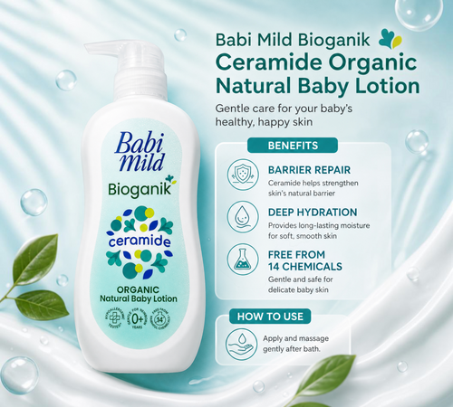 Thai Ranee Babi Mild Bioganik organic baby lotion bottle with ceramide and argan oil for sensitive newborn skin