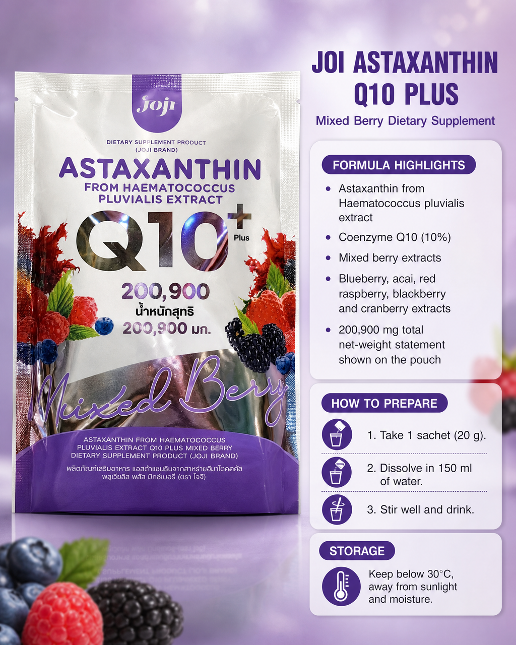 JOJI Astaxanthin Q10 Plus Mixed Berry Dietary Supplement — 20 g × 10 Sachets, 200 g