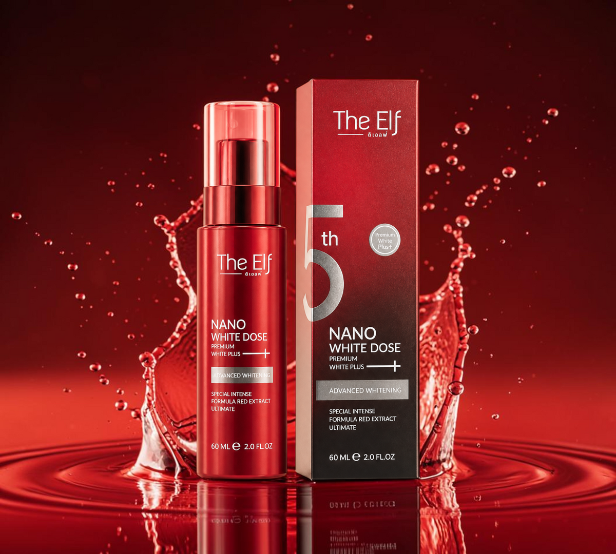 Thai Ranee The Elf Nano White Dose body serum bottle and red packaging box on a soft beige background