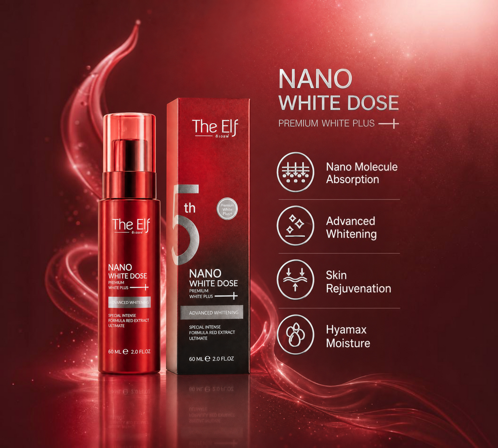 Thai Ranee The Elf Nano White Dose body serum bottle and box in red packaging with advanced whitening benefits