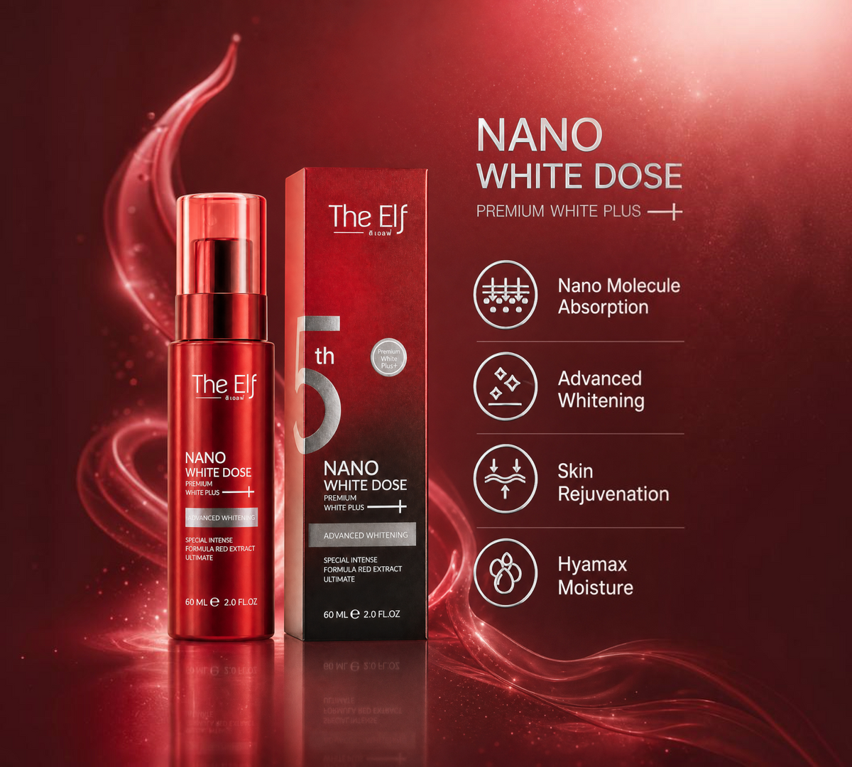 Thai Ranee The Elf Nano White Dose body serum bottle and box in red packaging with advanced whitening benefits