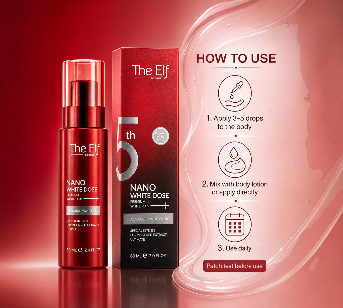 Thai Ranee The Elf Nano White Dose body serum bottle and box with red packaging and usage instructions
