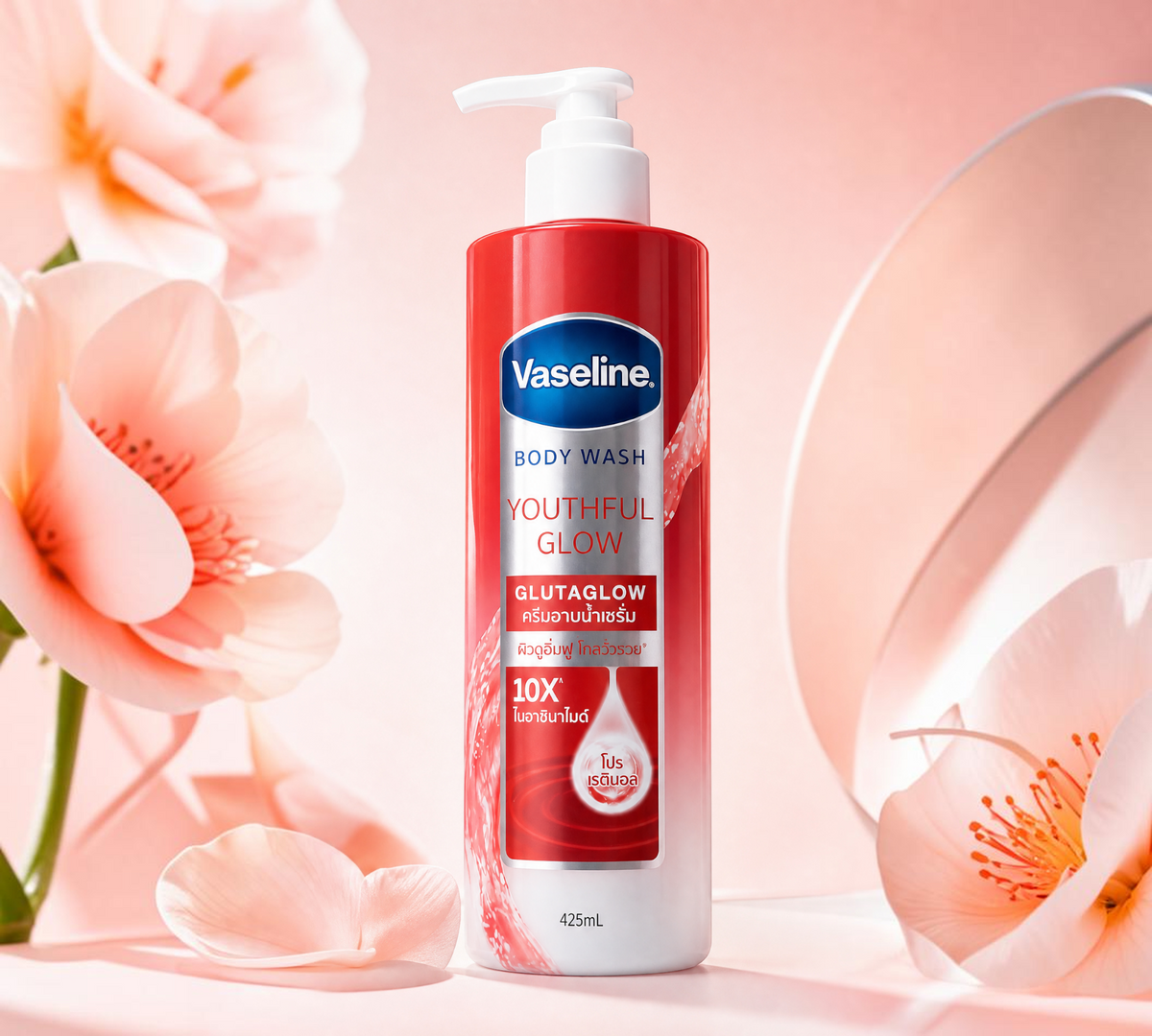 Thai Ranee Vaseline Youthful Glow GlutaGlow body wash in a red and white pump bottle with floral background.