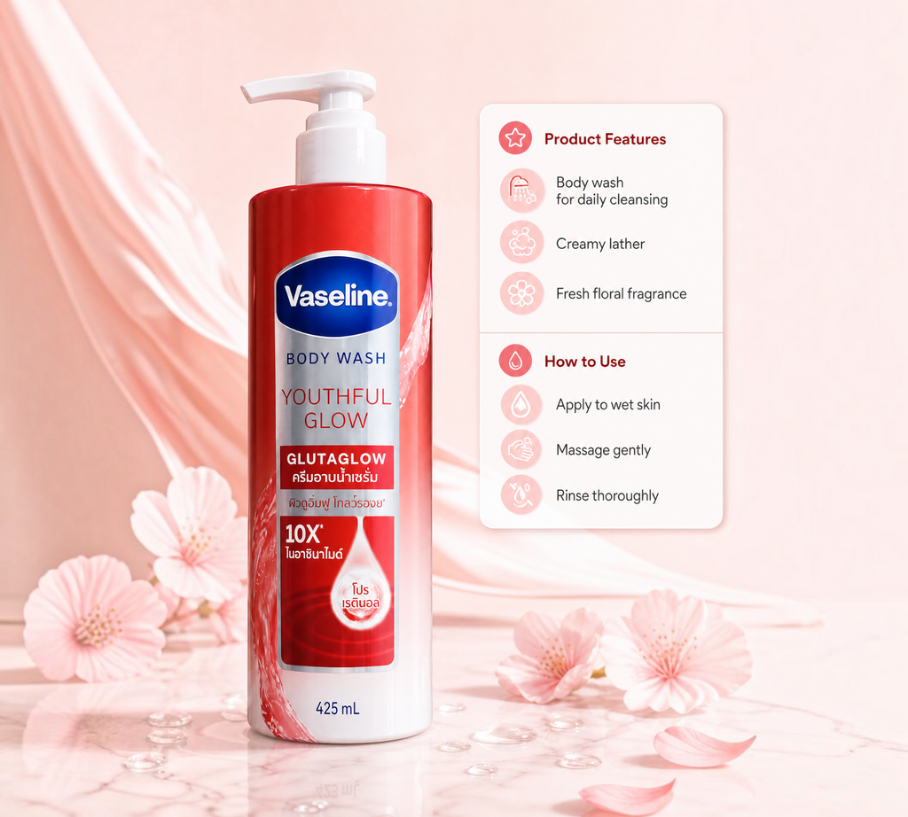 Thai Ranee Vaseline Youthful Glow GlutaGlow body wash in a 425mL pump bottle with floral background
