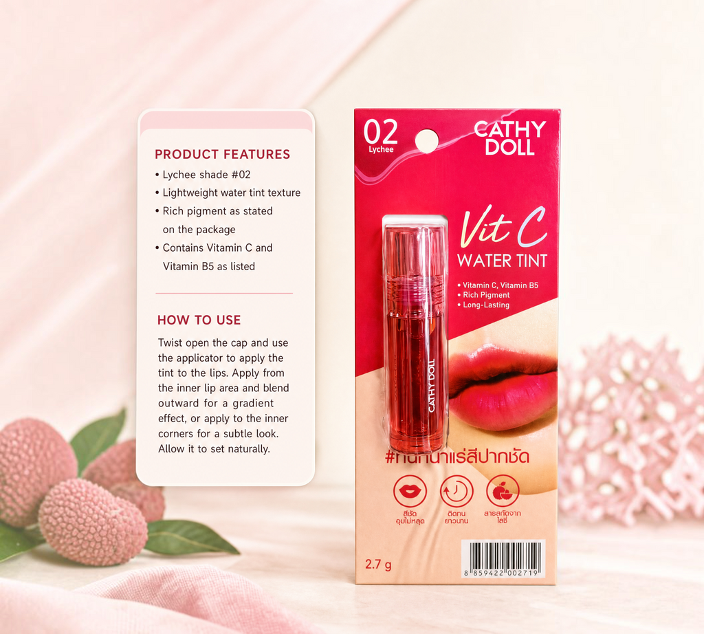 Thai Ranee Cathy Doll Vit C Water Tint in #02 Lychee, a lightweight rosy pink lip tint with Vitamin C and B5.