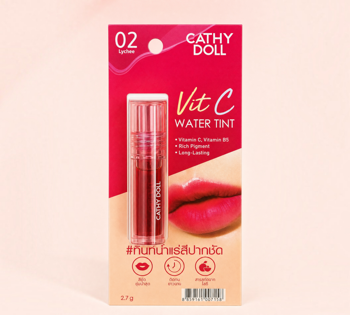 Thai Ranee Cathy Doll Vit C Water Tint in #02 Lychee, a rosy pink long-lasting lip tint with Vitamin C and B5.