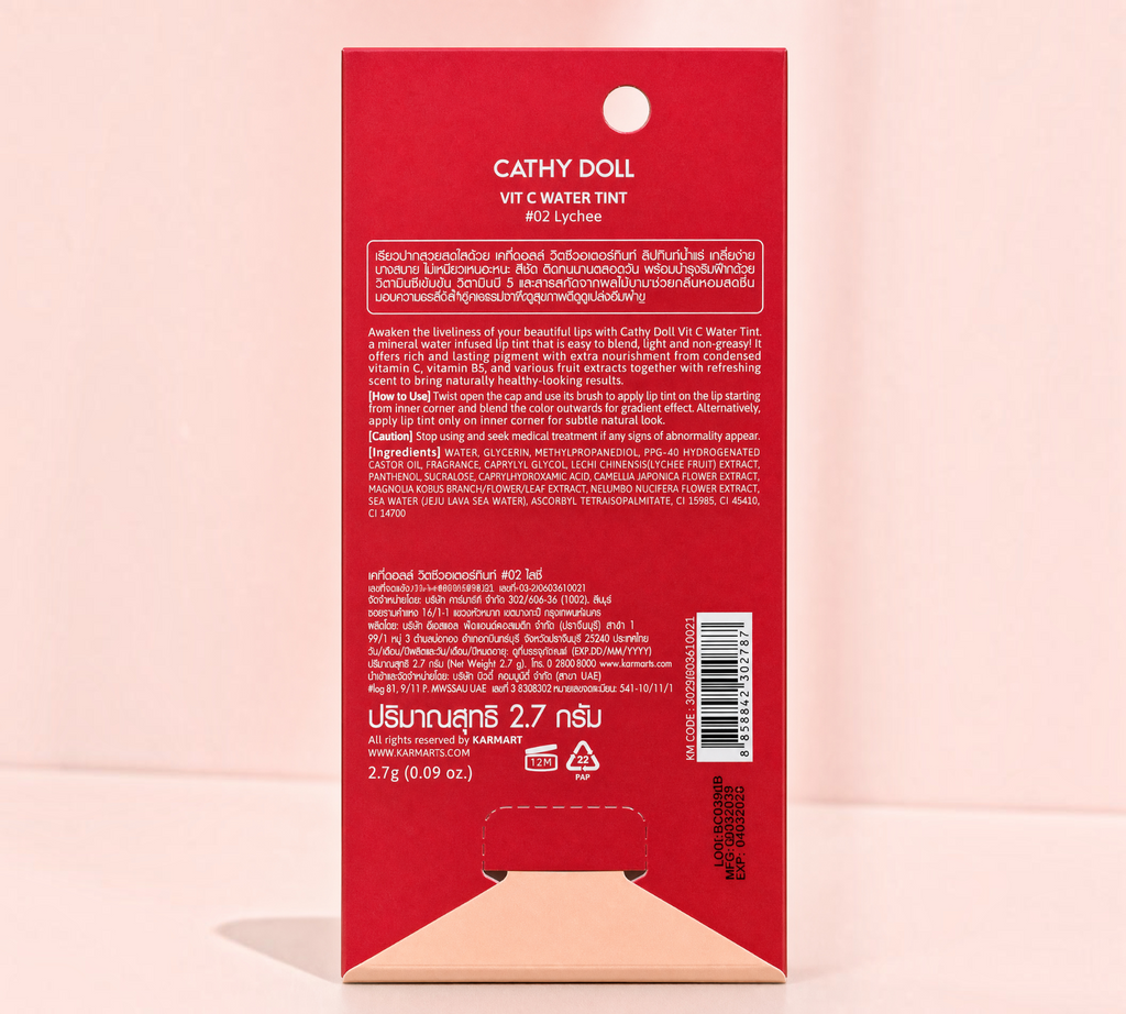 Thai Ranee Cathy Doll Vit C Water Tint #02 Lychee packaging back view with product details and ingredients list
