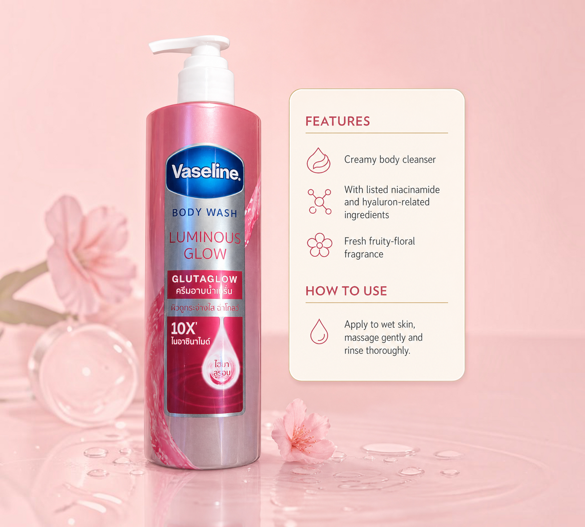 Thai Ranee Vaseline Luminous Glow GlutaGlow body wash in a pink pump bottle with niacinamide and hyaluron ingredients