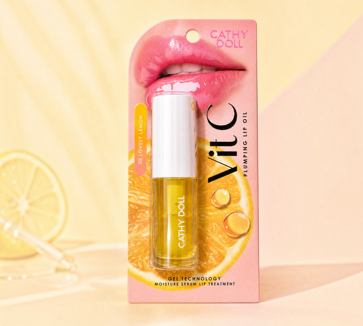 Thai Ranee Cathy Doll Vit C Plumping Lip Oil in 02 Lovely Lemon with a golden serum-gel formula in blister packaging