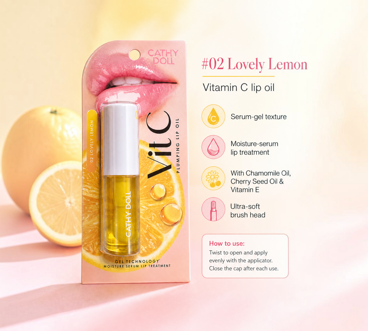 Thai Ranee Cathy Doll Vit C Plumping Lip Oil in #02 Lovely Lemon with serum-gel texture and glossy finish