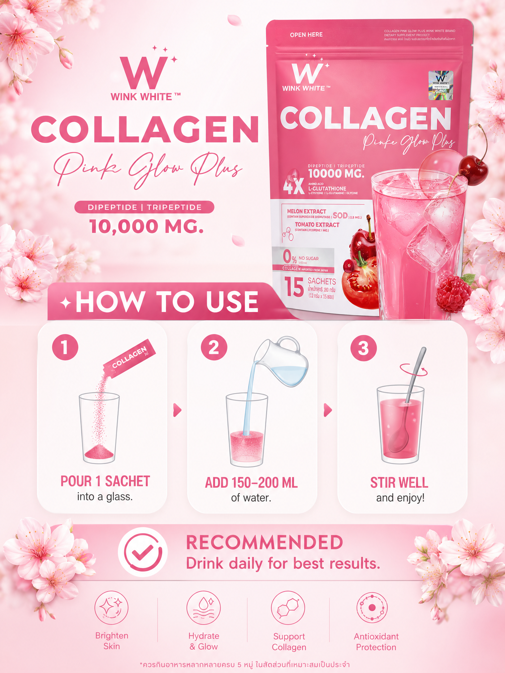 Wink White Collagen Pink Glow Plus Dietary Supplement 180g (12g x 15 Sachets)