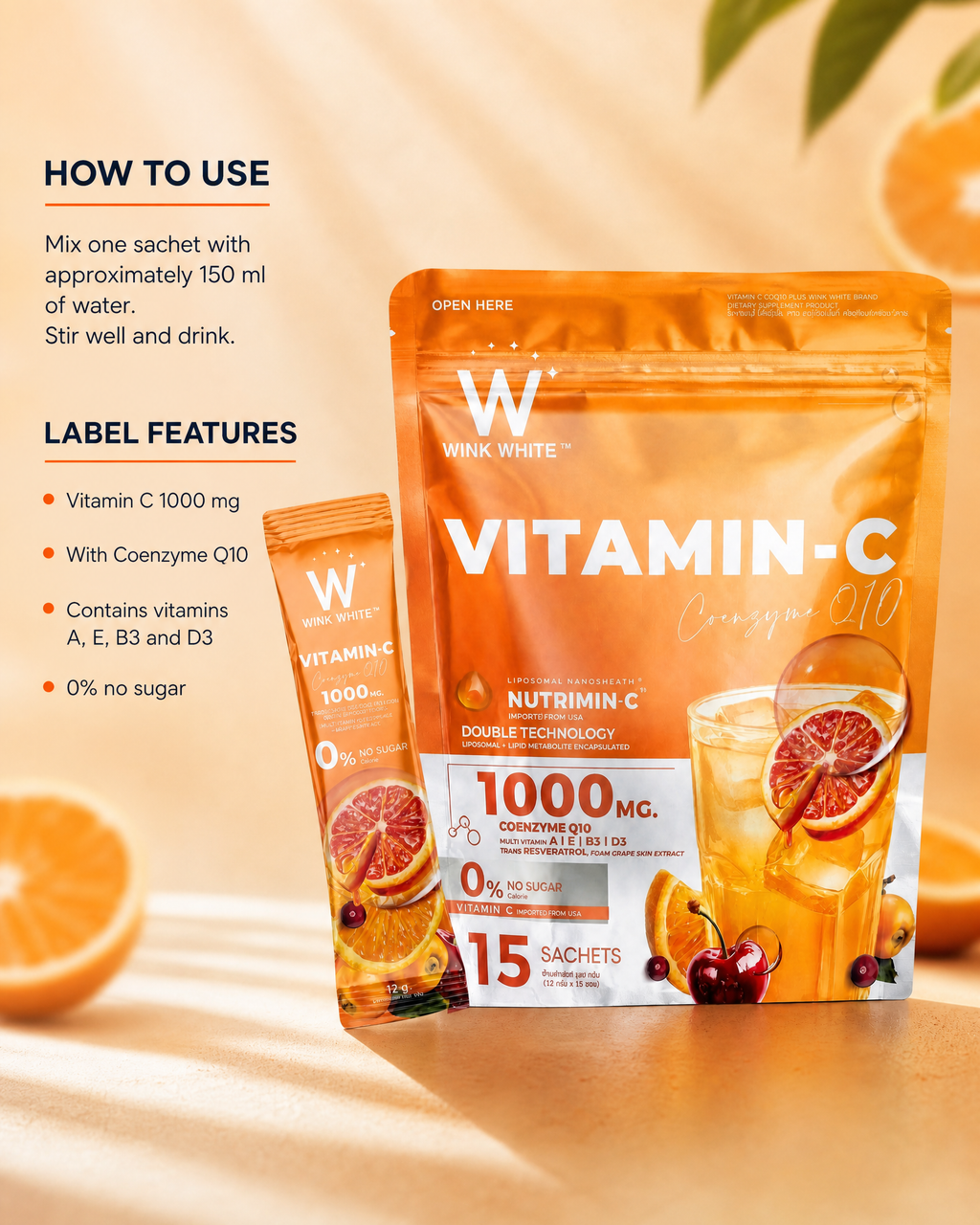 Wink White Vitamin-C Plus CoQ10 1000 mg – Double Technology Vitamin C Dietary Supplement 180g