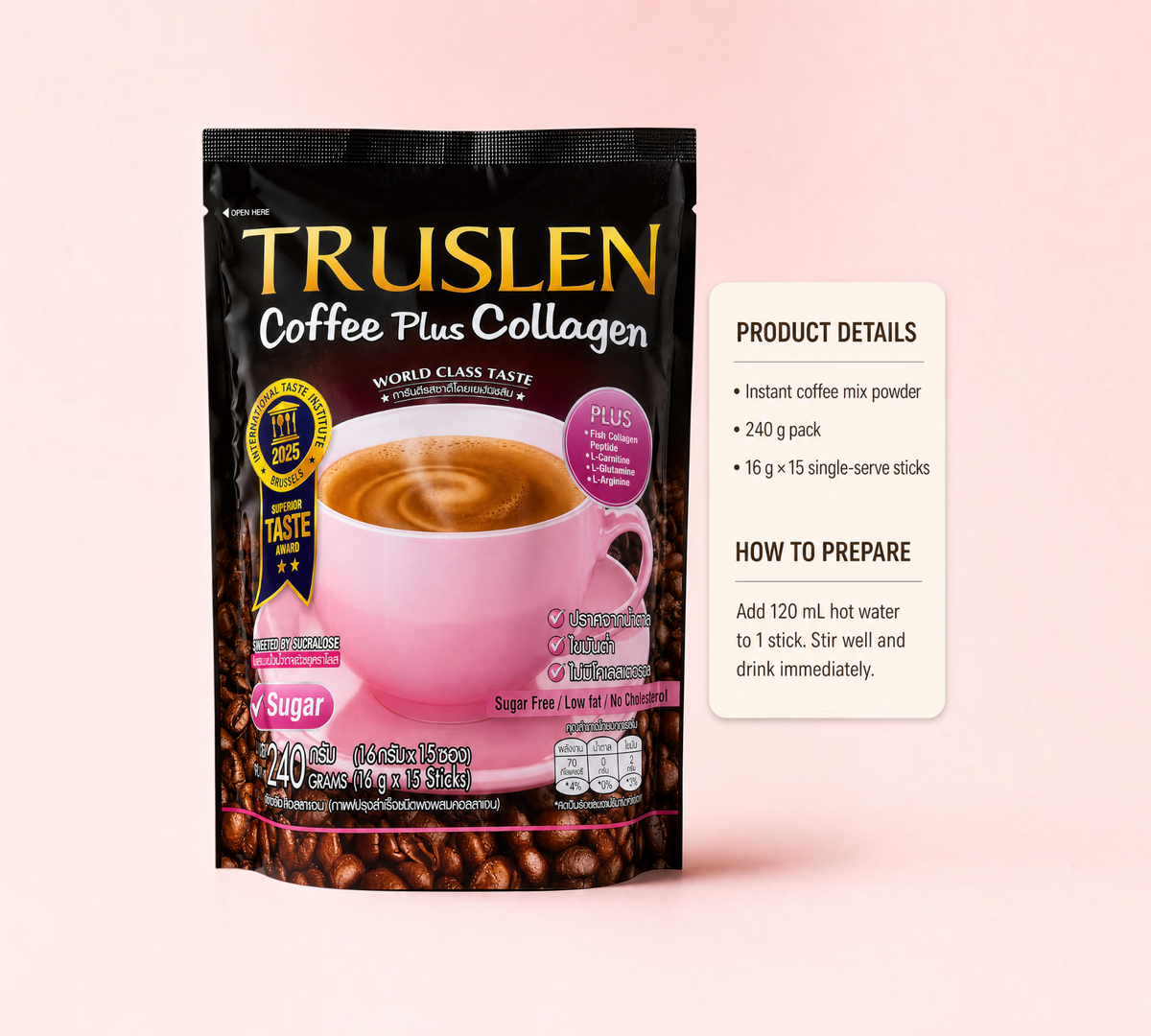 Thai Ranee Truslen Coffee Plus Collagen instant coffee mix powder pack with 15 single-serve sticks