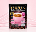 Thai Ranee Truslen Coffee Plus Collagen instant coffee mix pack with 15 sachets, featuring a pink cup on black bag.