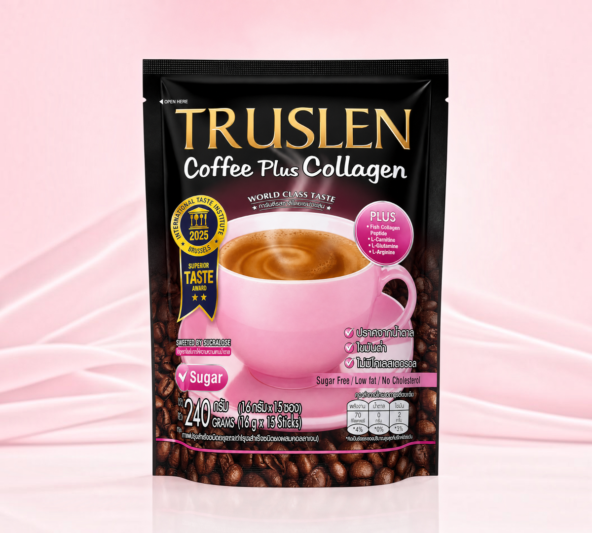Thai Ranee Truslen Coffee Plus Collagen instant coffee mix pack with 15 sachets, featuring a pink cup on black bag.