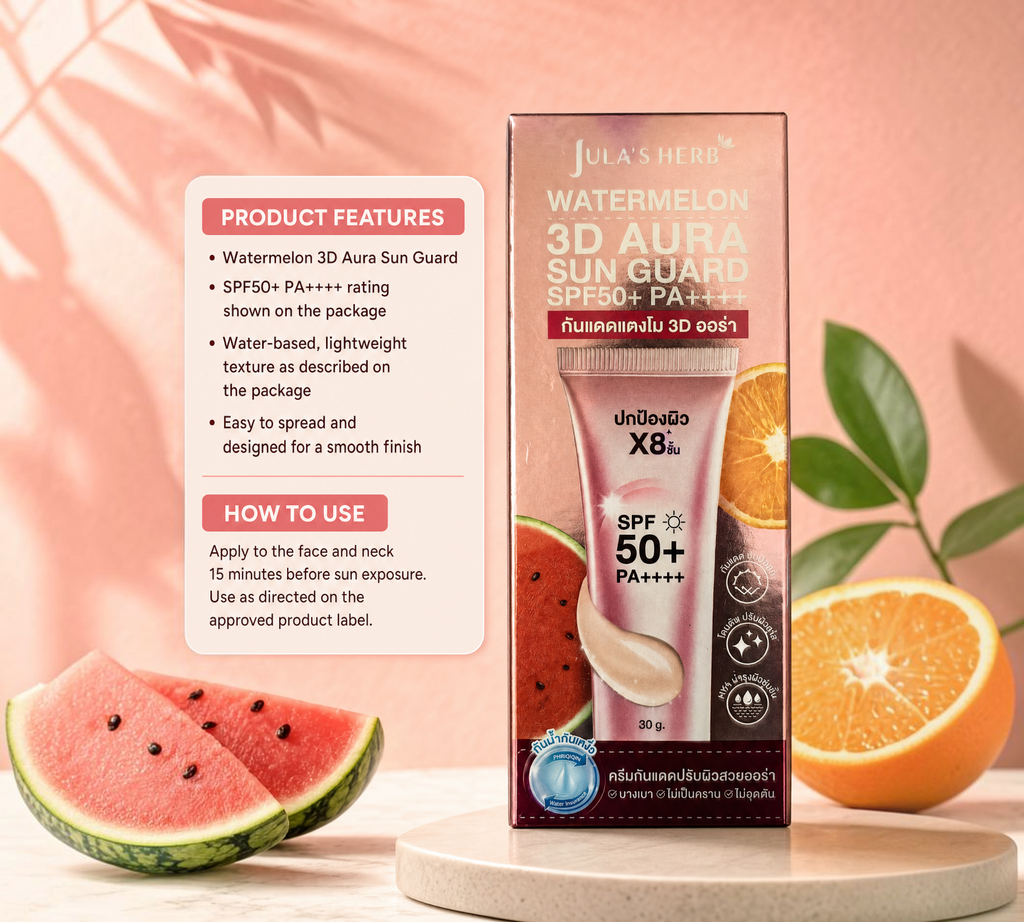 Thai Ranee Jula's Herb Watermelon 3D Aura Sun Guard SPF50+ PA++++ 30g tube with watermelon and orange fruit slices.