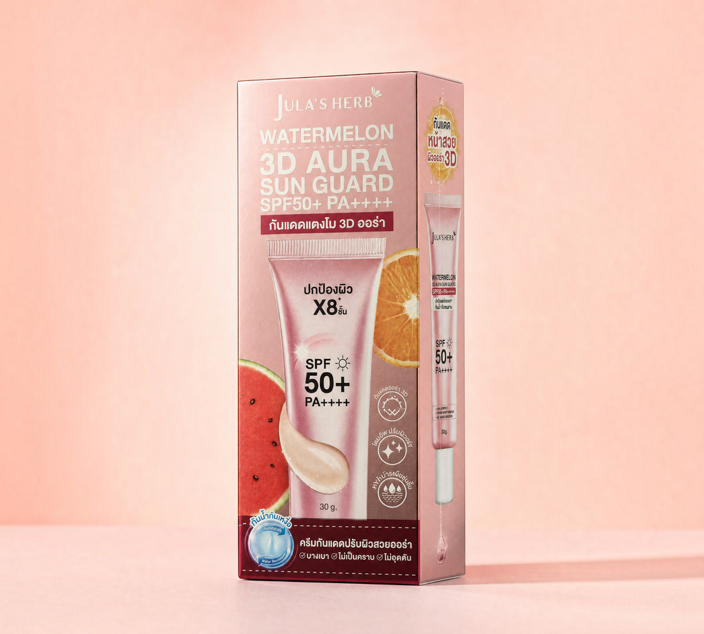 Thai Ranee Jula's Herb Watermelon 3D Aura Sun Guard SPF50+ PA++++ facial sunscreen in a 30g pink tube and box.