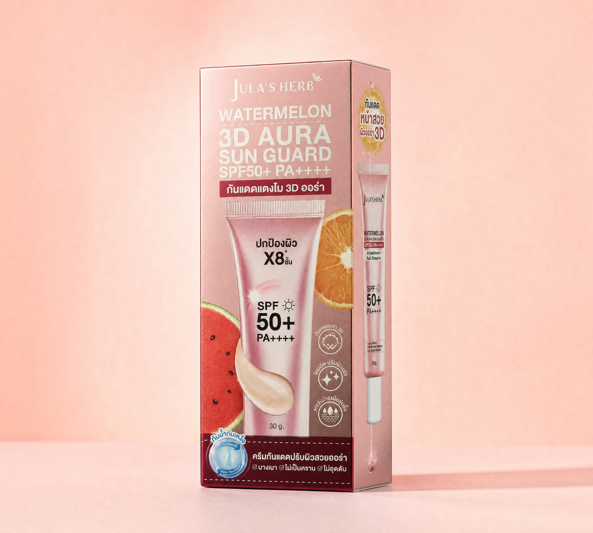 Thai Ranee Jula's Herb Watermelon 3D Aura Sun Guard SPF50+ PA++++ facial sunscreen in a 30g pink tube and box.