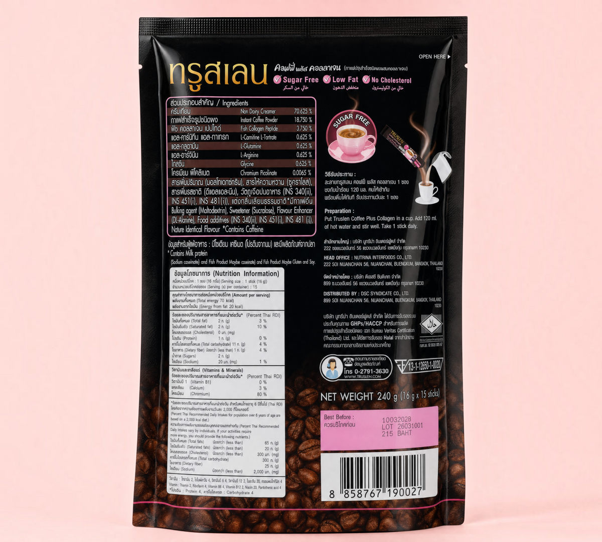 Thai Ranee Truslen Coffee Plus Collagen instant coffee mix sachet packaging back view with ingredients and nutrition