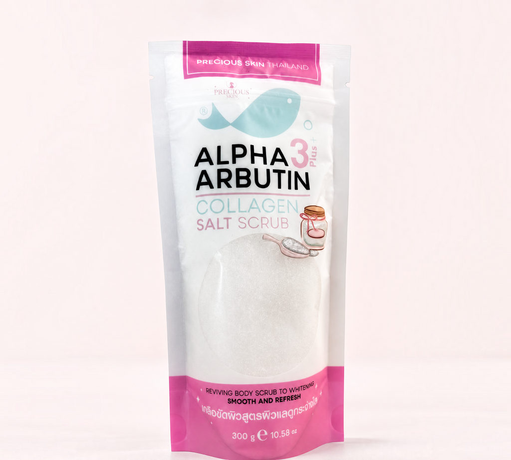 Thai Ranee Precious Skin Thailand Alpha Arbutin 3 Plus Collagen Salt Scrub in a 300g white and pink pouch.