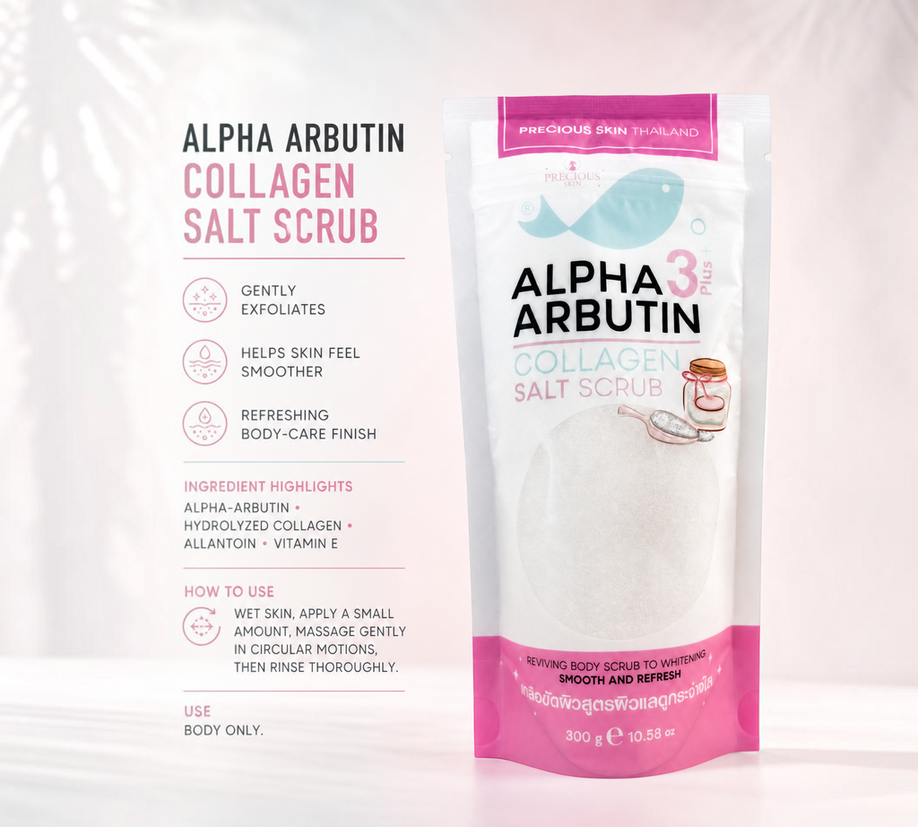 Thai Ranee Precious Skin Thailand Alpha Arbutin 3 Plus Collagen Salt Scrub in a 300g pouch for body exfoliation.