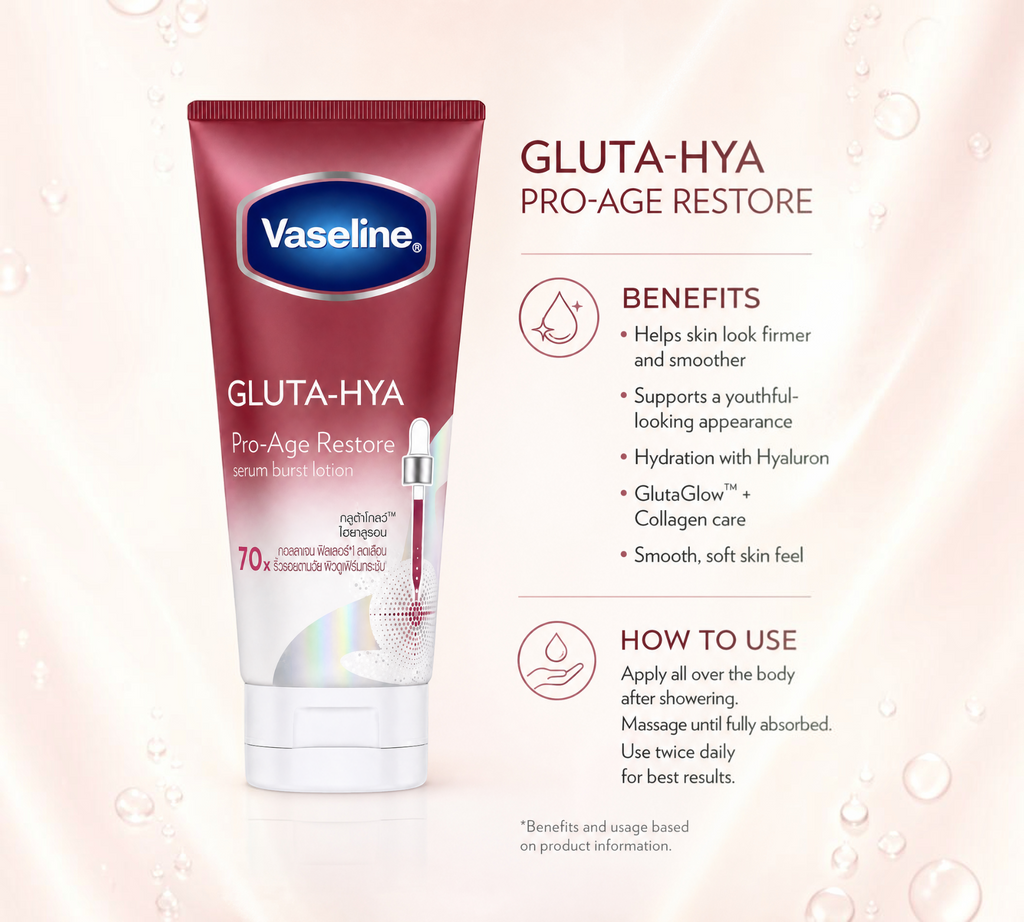 Thai Ranee Vaseline Gluta-Hya Pro-Age Restore serum burst lotion tube with benefits and usage instructions