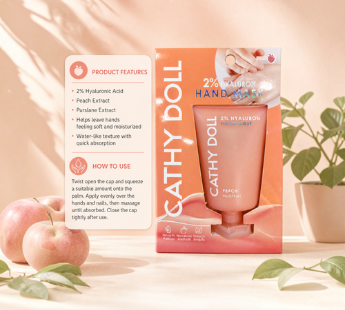 Thai Ranee Cathy Doll 2% Hyaluron Peach hand mask tube in peach-toned packaging with fruit and leaf accents