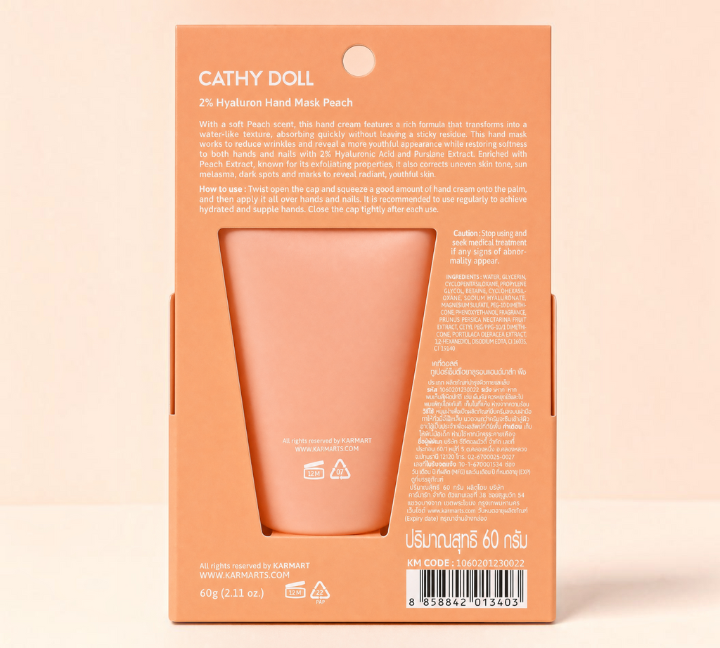 Thai Ranee Cathy Doll 2% Hyaluron Hand Mask Peach packaging back view with product information and ingredients list.
