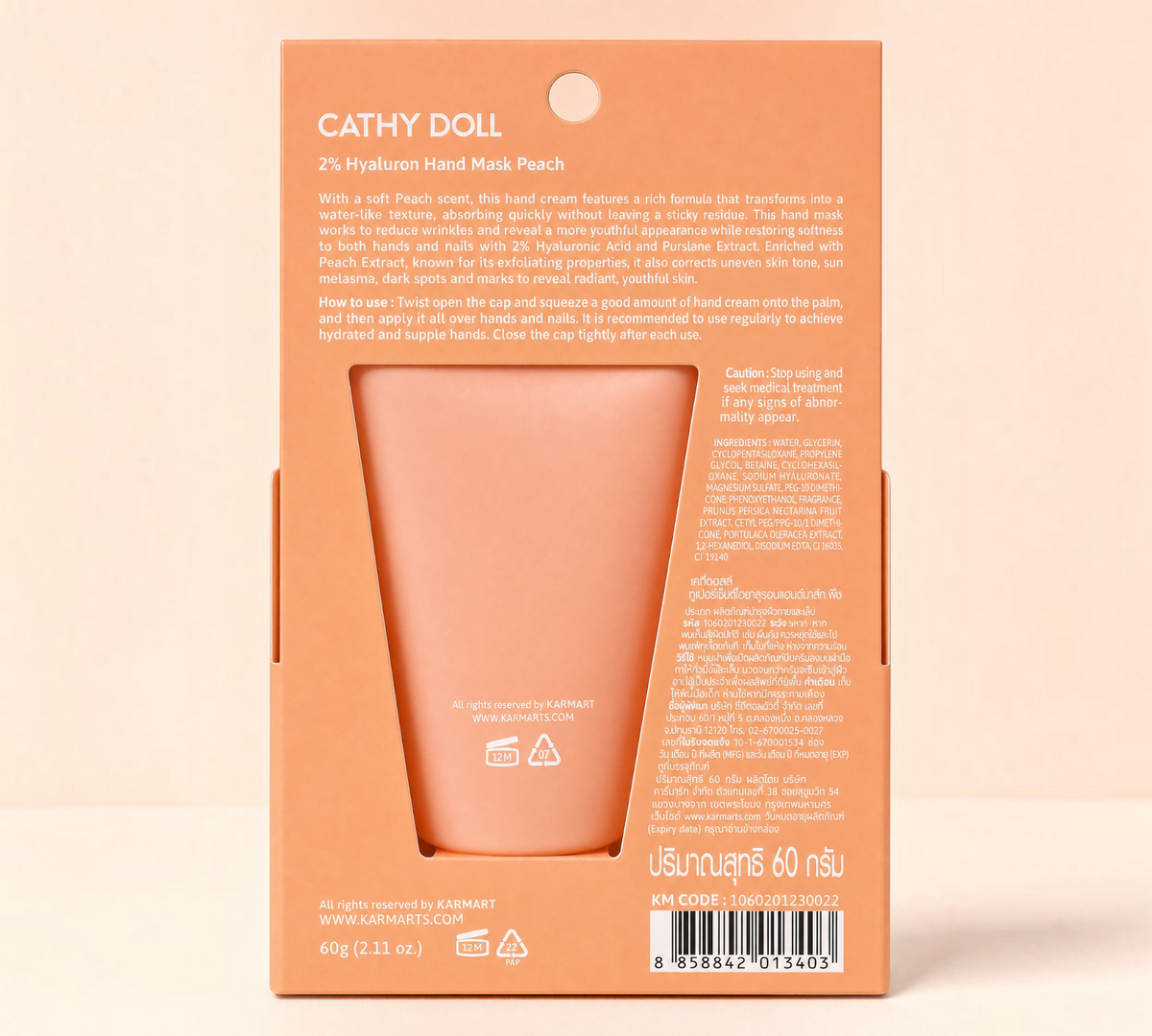 Thai Ranee Cathy Doll 2% Hyaluron Hand Mask Peach packaging back view with product information and ingredients list.
