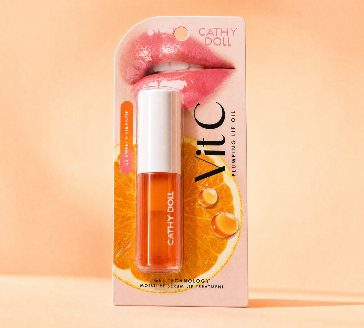 Thai Ranee Cathy Doll Vit C Plumping Lip Oil in 03 Sweetie Orange, a moisturizing serum-gel with a glossy finish.