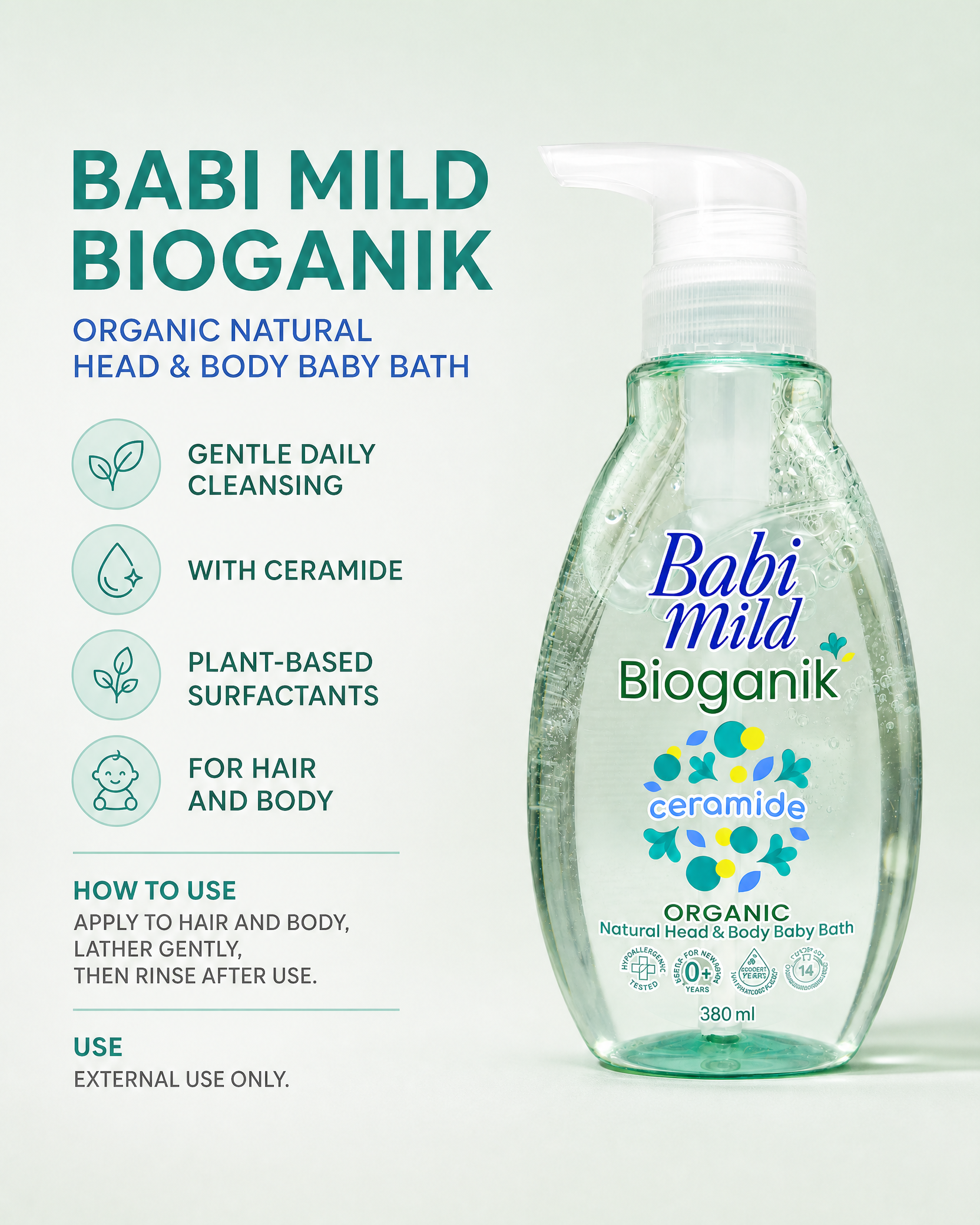 Babi Mild Bioganik Organic Natural Head & Body Baby Bath with Ceramide — 380 ml