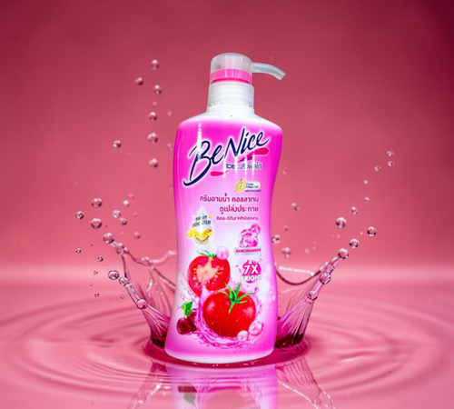 Thai Ranee BeNice Beautiful Whitening Shower Cream in a pink 400ml pump bottle with tomato and grape fruit graphics.