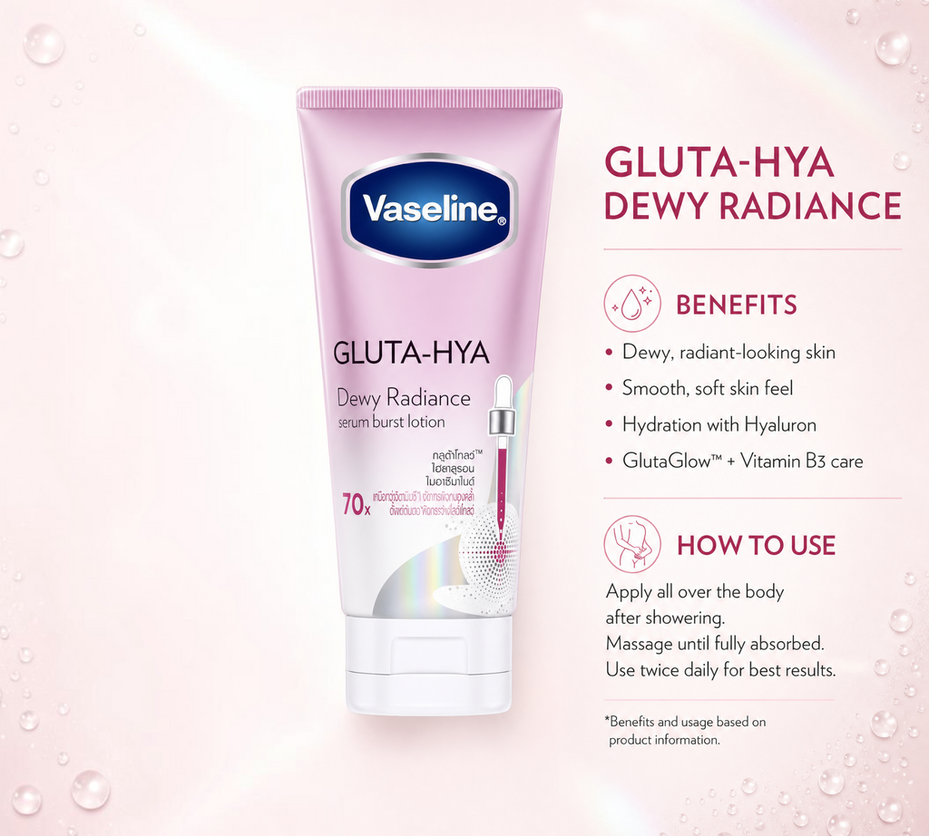 Thai Ranee Vaseline Gluta-Hya Serum Burst Lotion Dewy Radiance in a pink tube with skin brightening benefits listed.