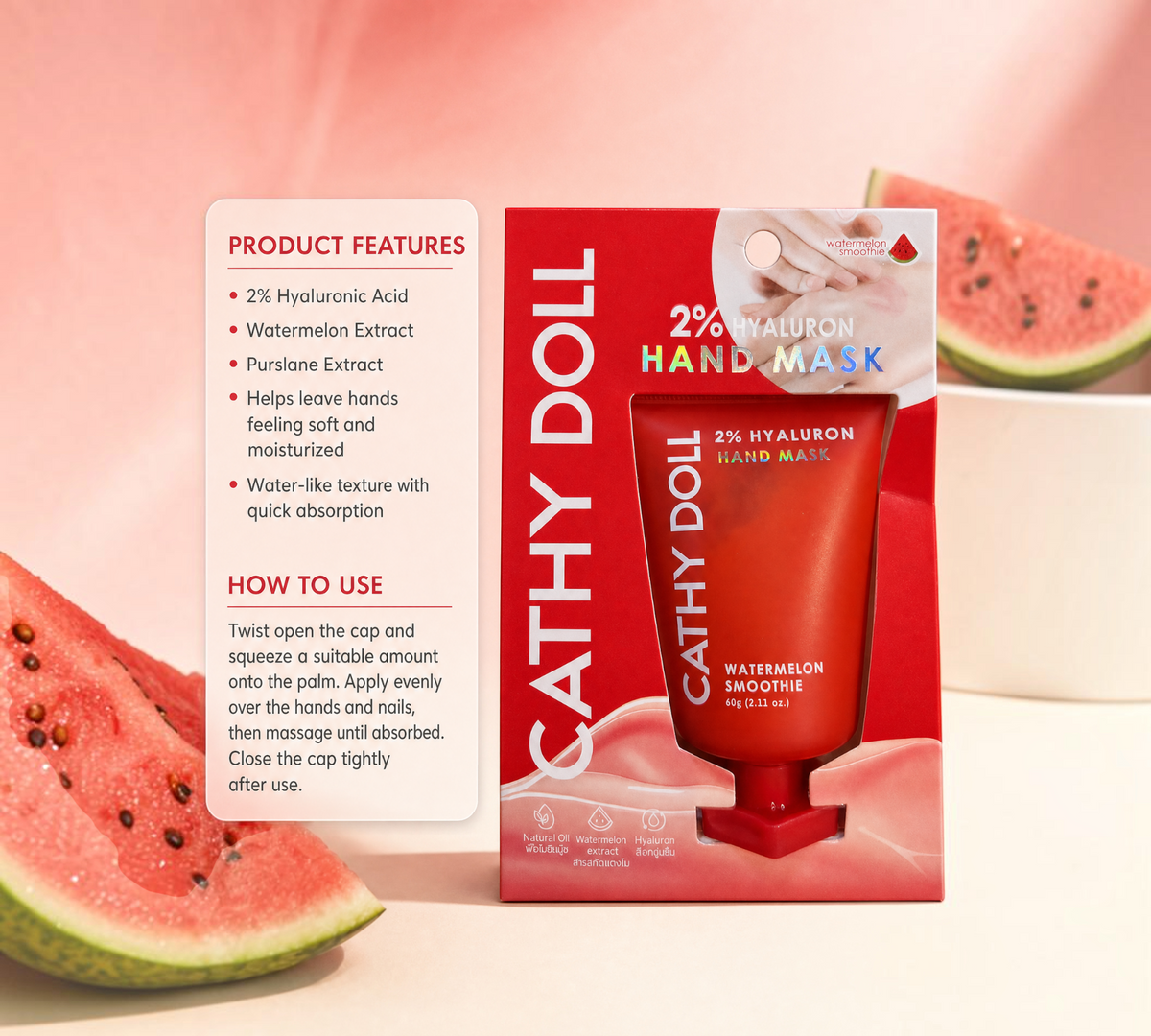 Thai Ranee Cathy Doll 2% Hyaluron Hand Mask Watermelon Smoothie in red packaging with watermelon imagery