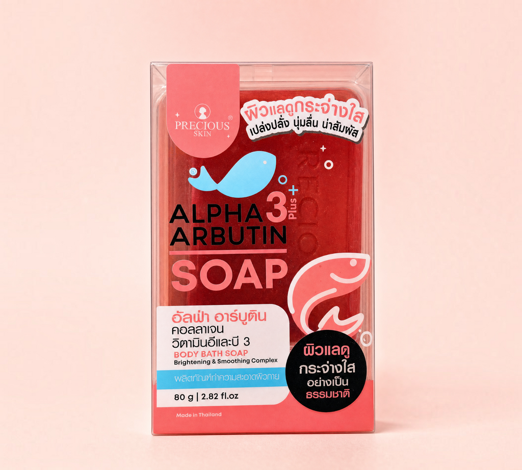 Thai Ranee Precious Skin Thailand Alpha Arbutin Plus body soap bar in red packaging with collagen and vitamin E