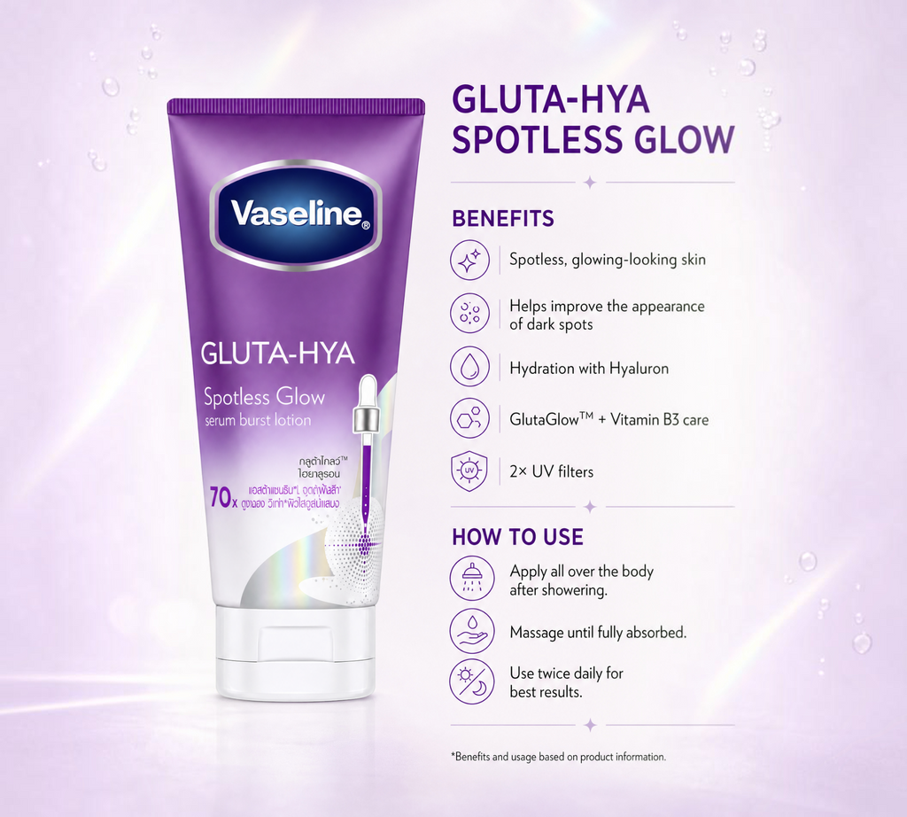 Thai Ranee Vaseline Gluta-Hya Serum Spotless Glow lotion tube with benefits and usage instructions on purple background